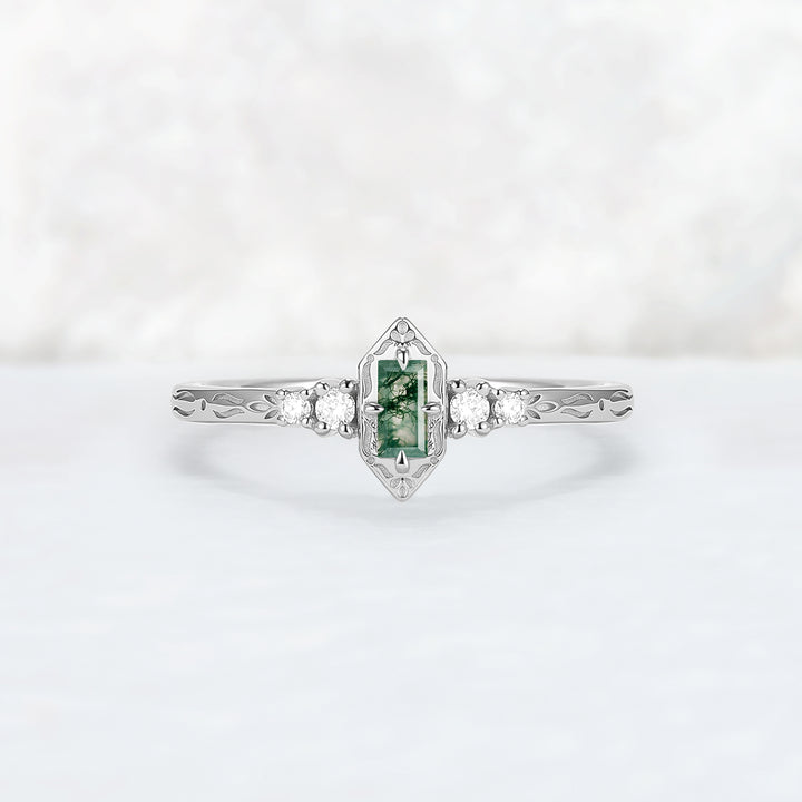 Vintige Baguette Cut Moss Agate Straight Wedding Ring