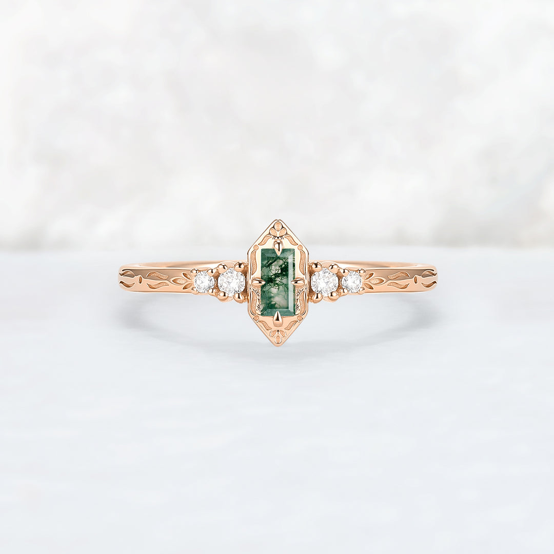 Vintige Baguette Cut Moss Agate Straight Wedding Ring