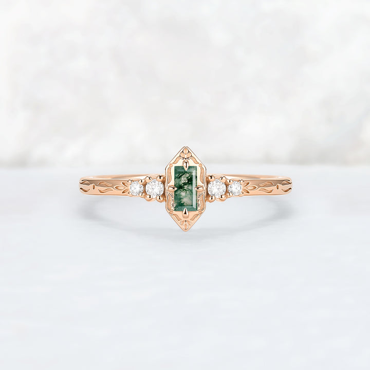 Vintige Baguette Cut Moss Agate Straight Wedding Ring