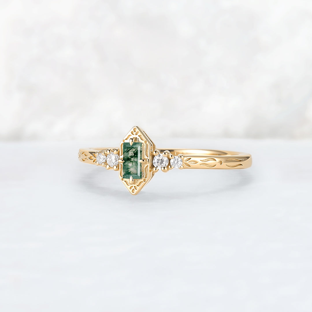 Vintige Baguette Cut Moss Agate Straight Wedding Ring