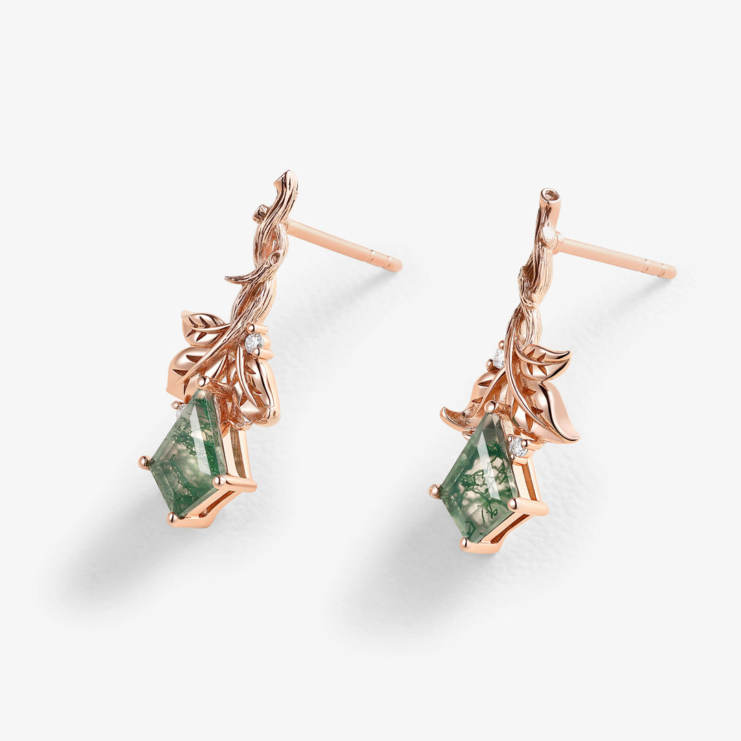 Nature Inspired Kite Cut Moss Agate Leafy and Wood Grain Earrings Gift for Her