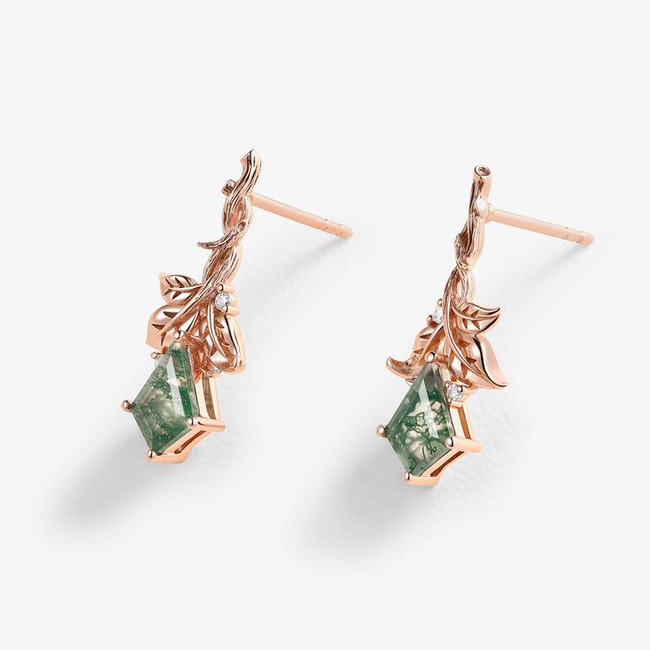 Nature Inspired Kite Cut Moss Agate Leafy and Wood Grain Earrings Gift for Her