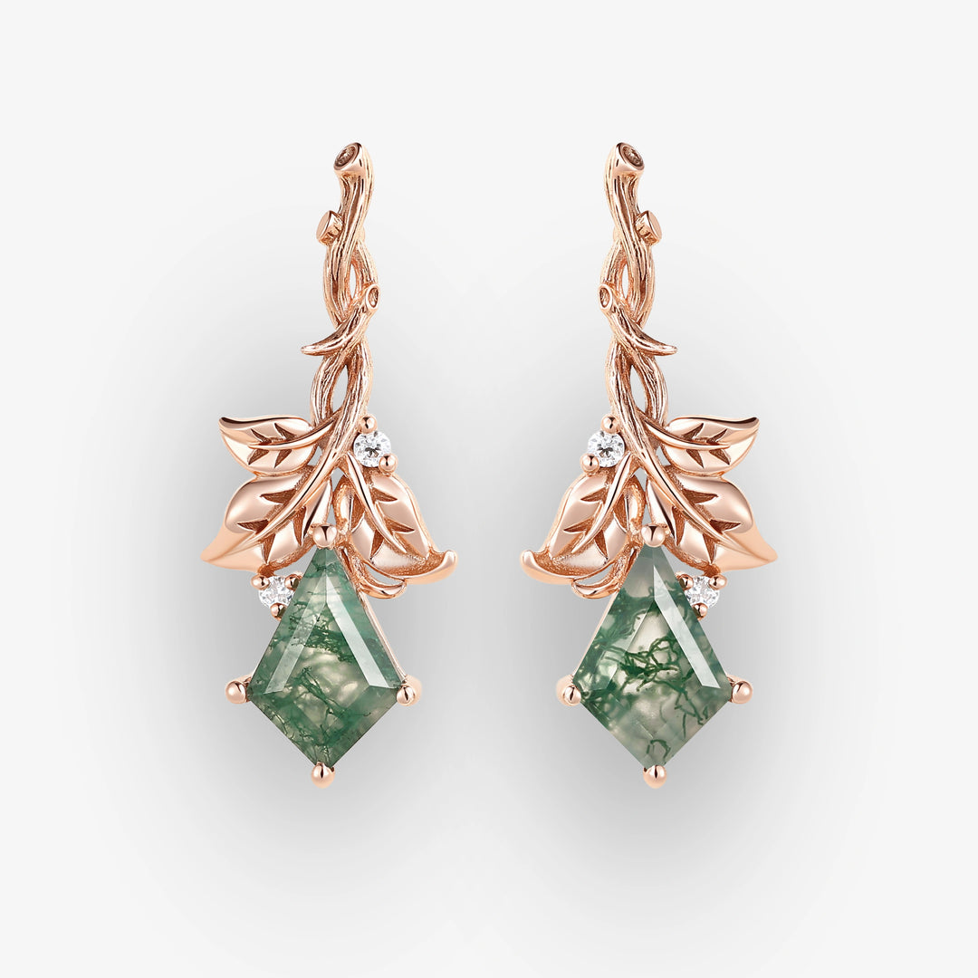 Nature Inspired Kite Cut Moss Agate Leafy and Wood Grain Earrings Gift for Her