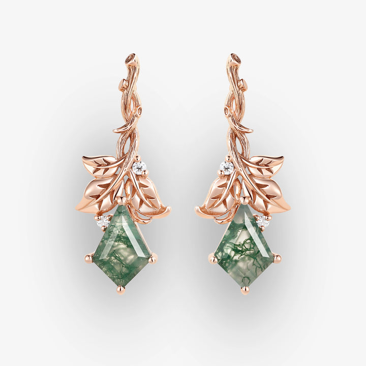 Nature Inspired Kite Cut Moss Agate Leafy and Wood Grain Earrings Gift for Her