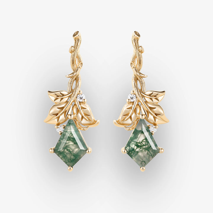 Nature Inspired Kite Cut Moss Agate Leafy and Wood Grain Earrings Gift for Her