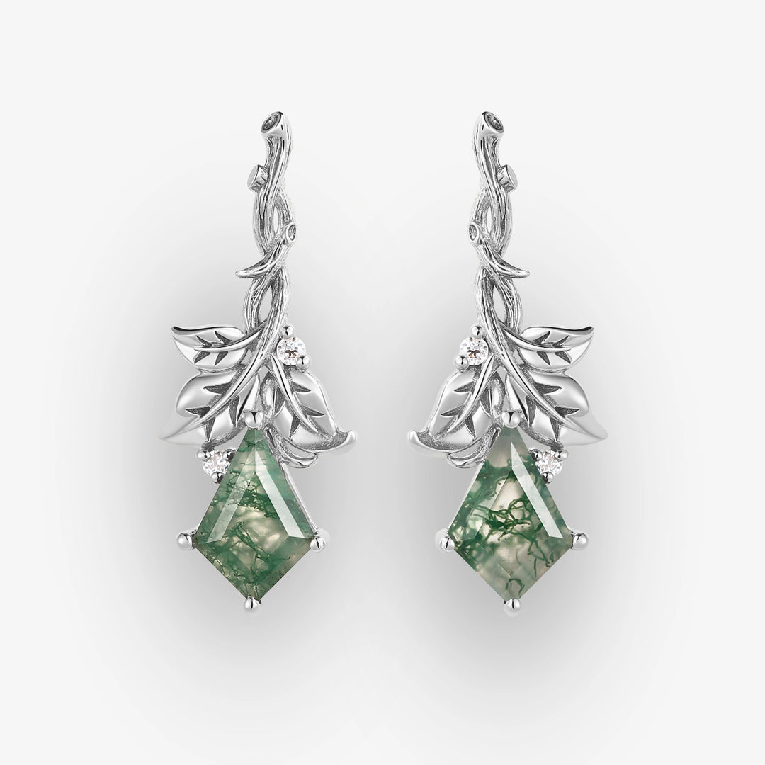 Nature Inspired Kite Cut Moss Agate Leafy and Wood Grain Earrings Gift for Her