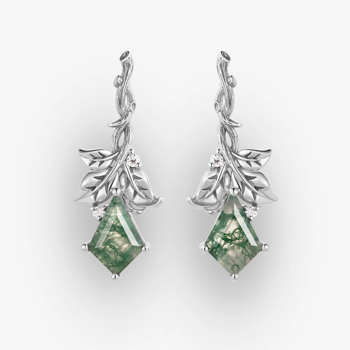 Nature Inspired Kite Cut Moss Agate Leafy and Wood Grain Earrings Gift for Her