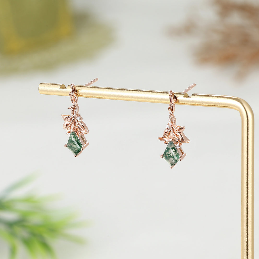 Nature Inspired Kite Cut Moss Agate Leafy and Wood Grain Earrings Gift for Her