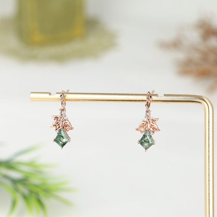 Nature Inspired Kite Cut Moss Agate Leafy and Wood Grain Earrings Gift for Her