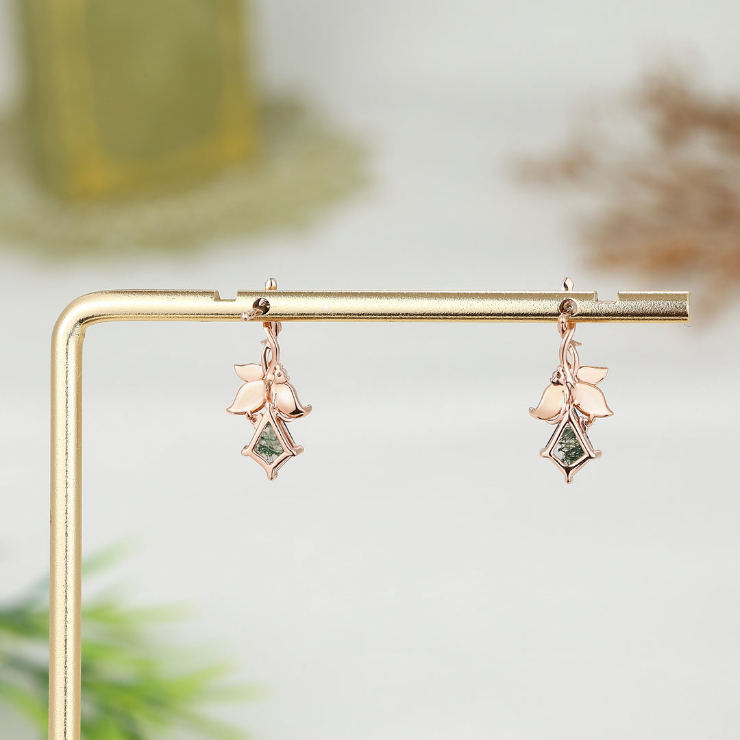Nature Inspired Kite Cut Moss Agate Leafy and Wood Grain Earrings Gift for Her