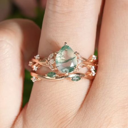 Unique Pear Cut Moss Agate Moissanite Vine Engagement Ring Set 2pcs