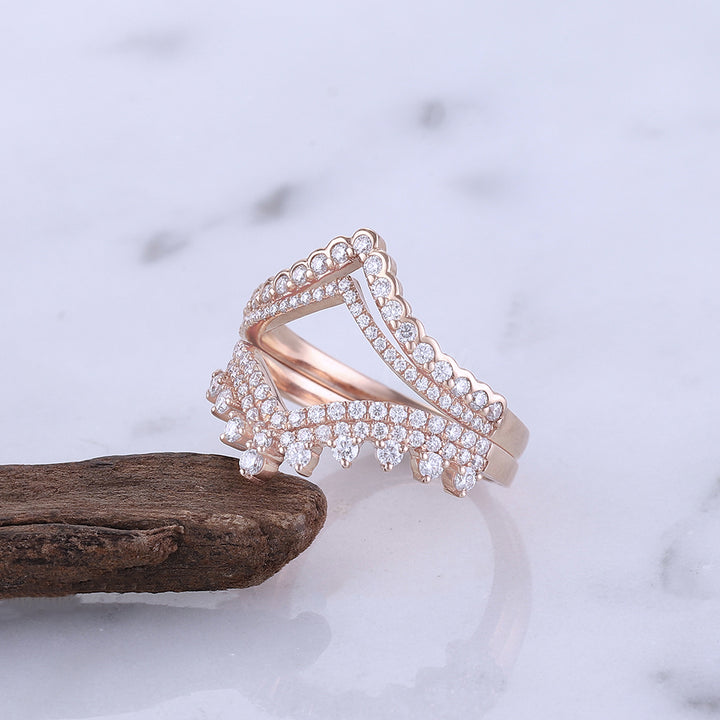 chevron moissanite half enternity 14k rose gold bridal ring