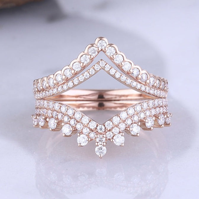 chevron moissanite half enternity 14k rose gold bridal ring