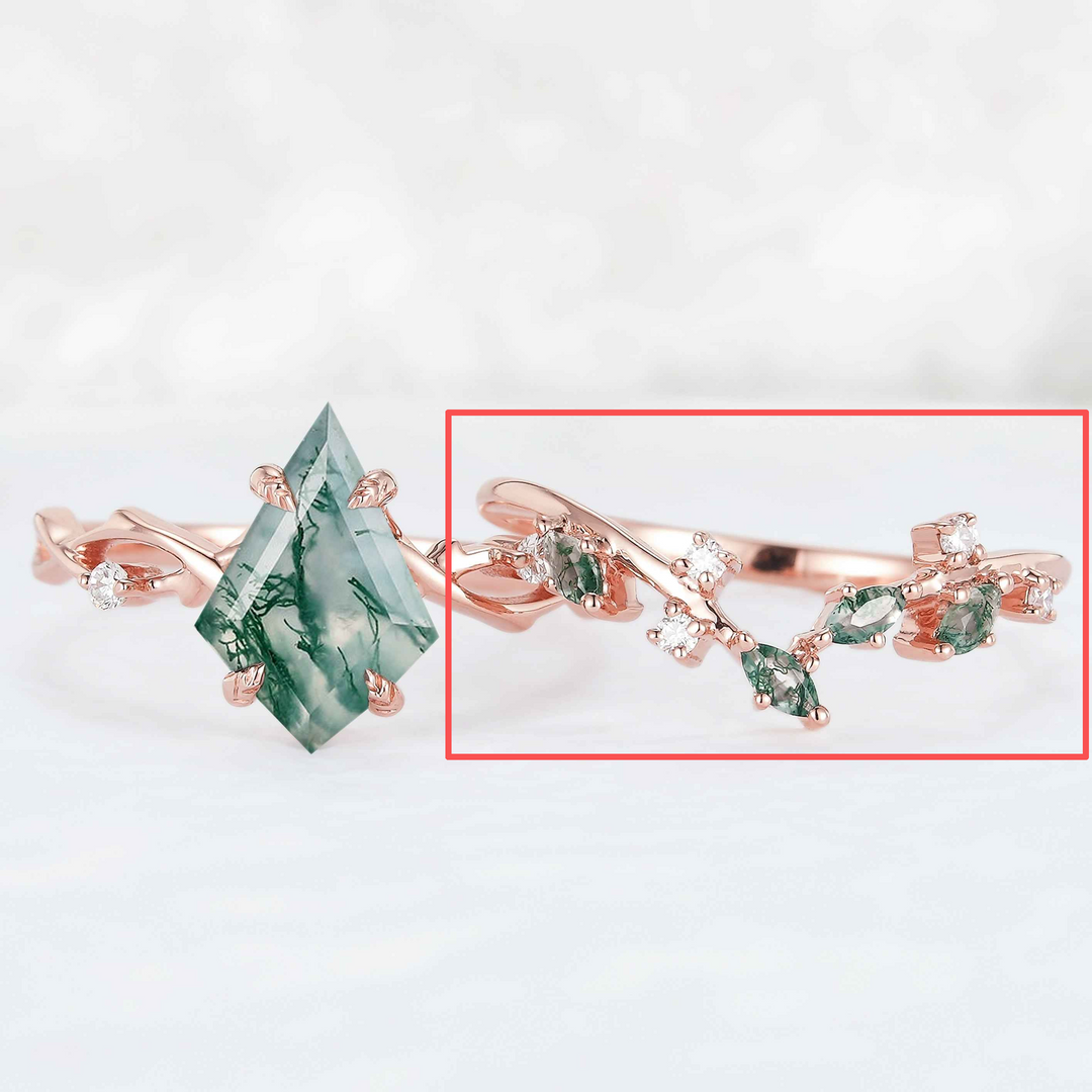 Curved Matching Ring of Kite Cut Moss Agate Ring Set