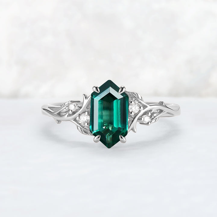 Nature Hexagon Cut Moss Agate Vine Engagement Ring