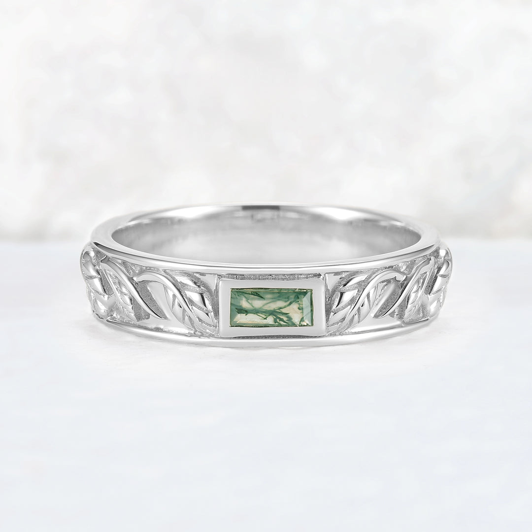 Mens Baguette Cut Moss Agate Stone Leafy Wedding Band