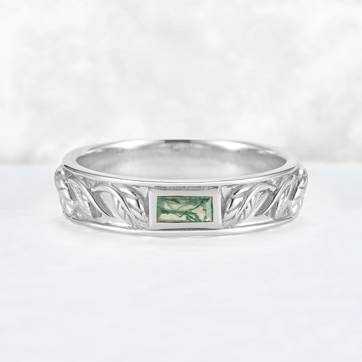 Mens Baguette Cut Moss Agate Stone Leafy Wedding Band