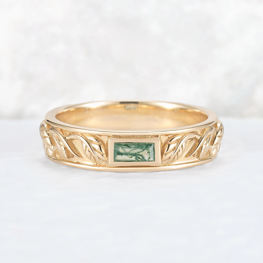 Mens Baguette Cut Moss Agate Stone Leafy Wedding Band