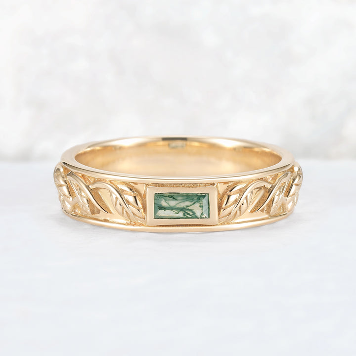 Mens Baguette Cut Moss Agate Stone Leafy Wedding Band
