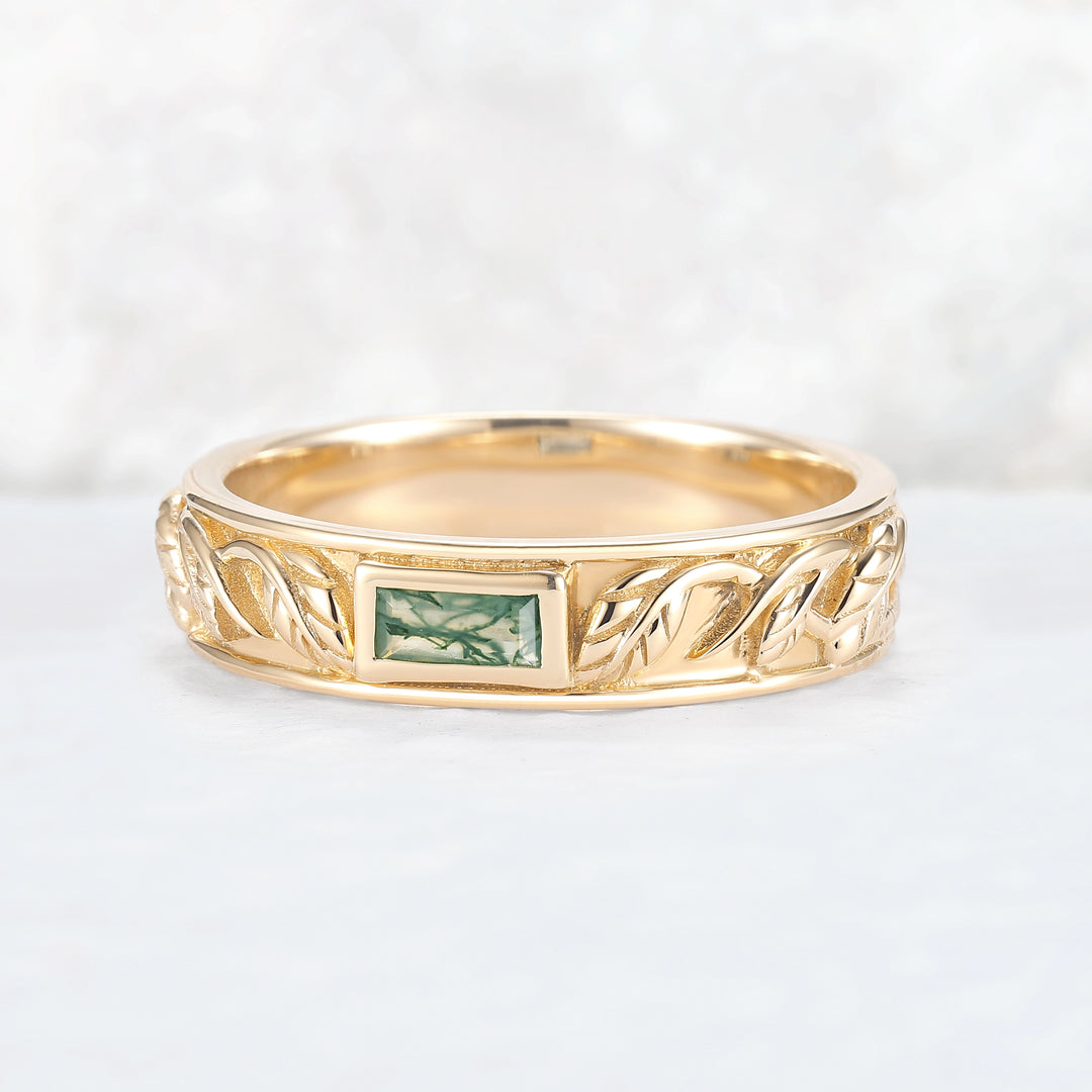 Mens Baguette Cut Moss Agate Stone Leafy Wedding Band
