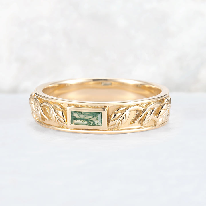 Mens Baguette Cut Moss Agate Stone Leafy Wedding Band