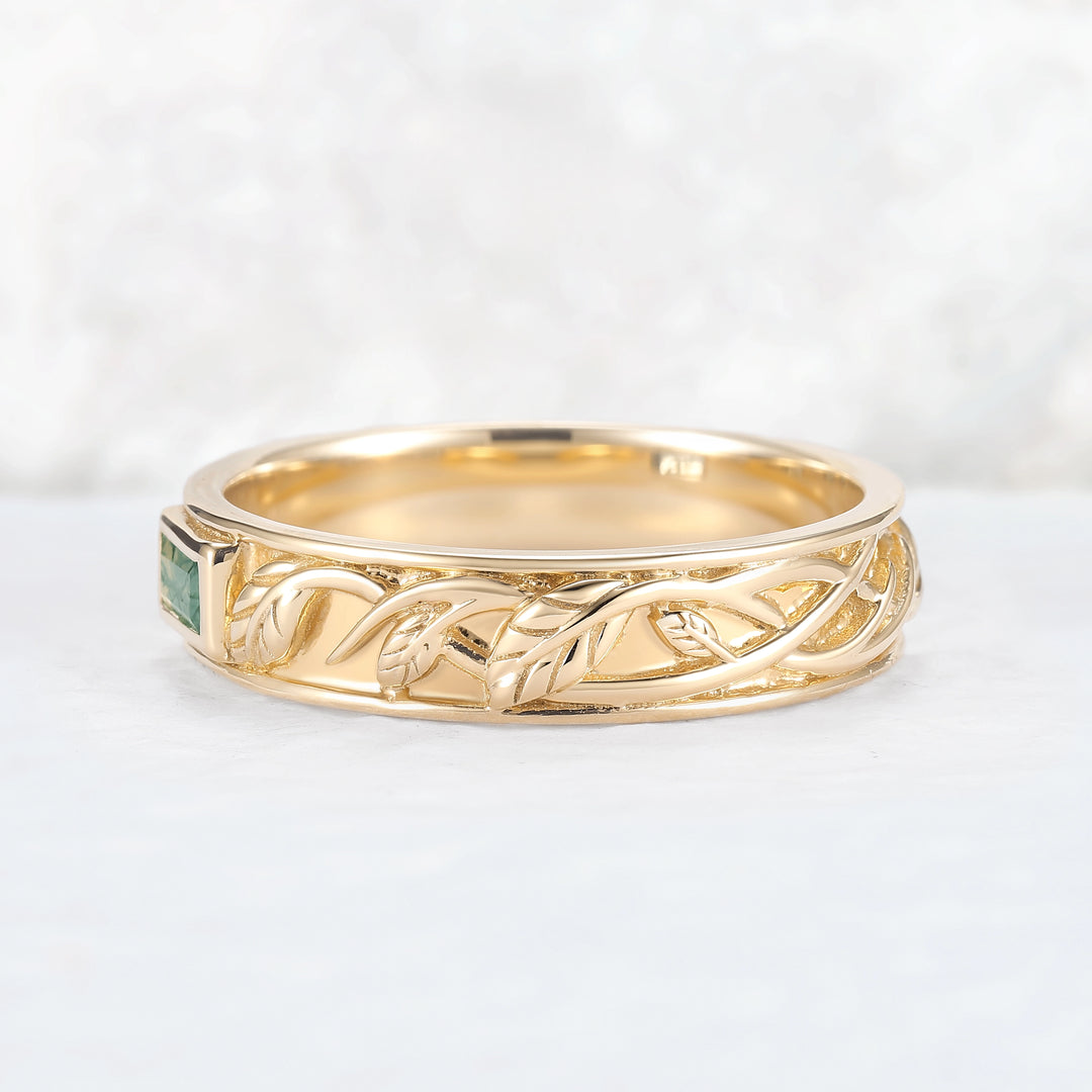 Mens Baguette Cut Moss Agate Stone Leafy Wedding Band