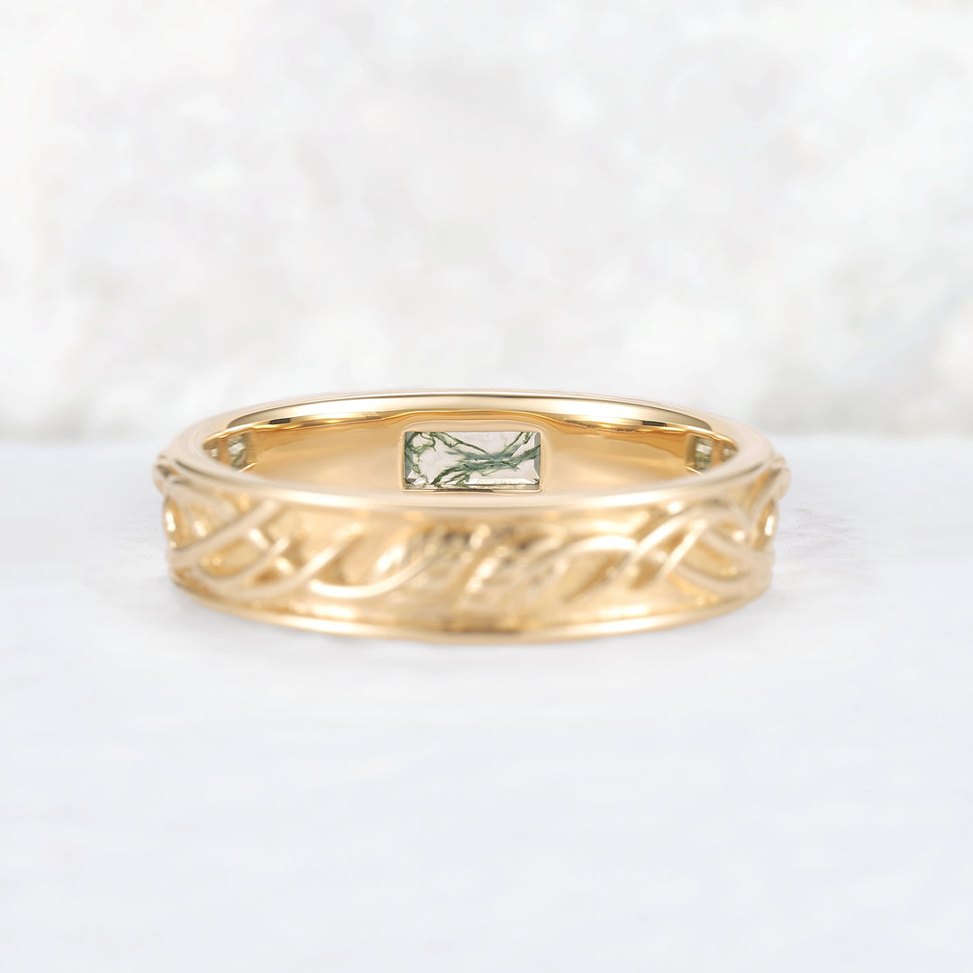 Mens Baguette Cut Moss Agate Stone Leafy Wedding Band