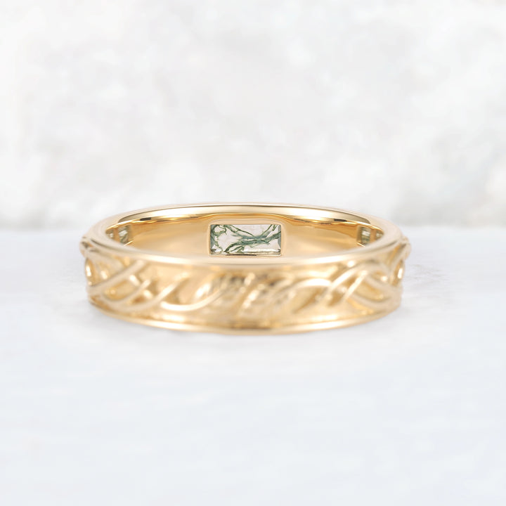 Mens Baguette Cut Moss Agate Stone Leafy Wedding Band