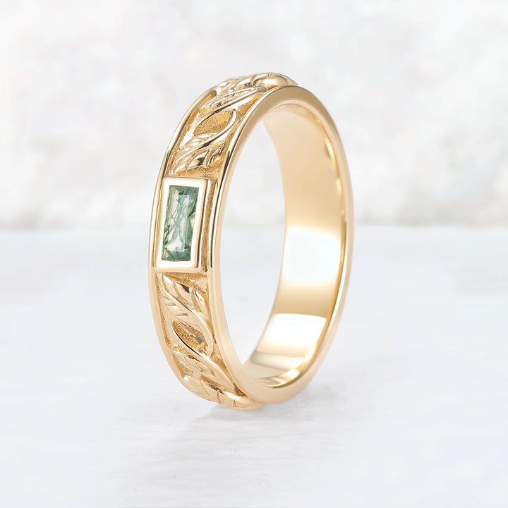 Mens Baguette Cut Moss Agate Stone Leafy Wedding Band