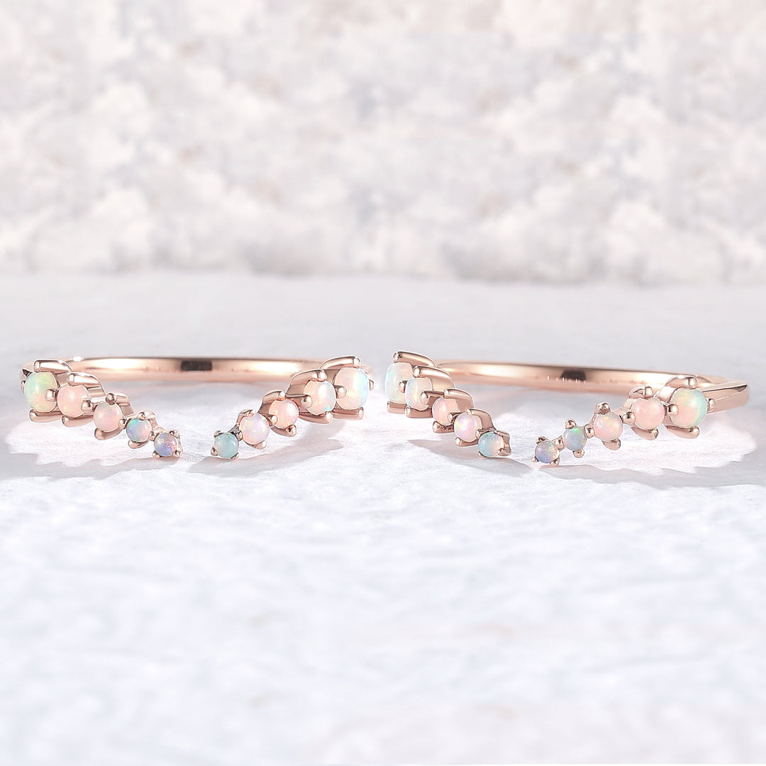 Curved Round Shaped Opal Open Silver Wedding Band - Iver Jewelry