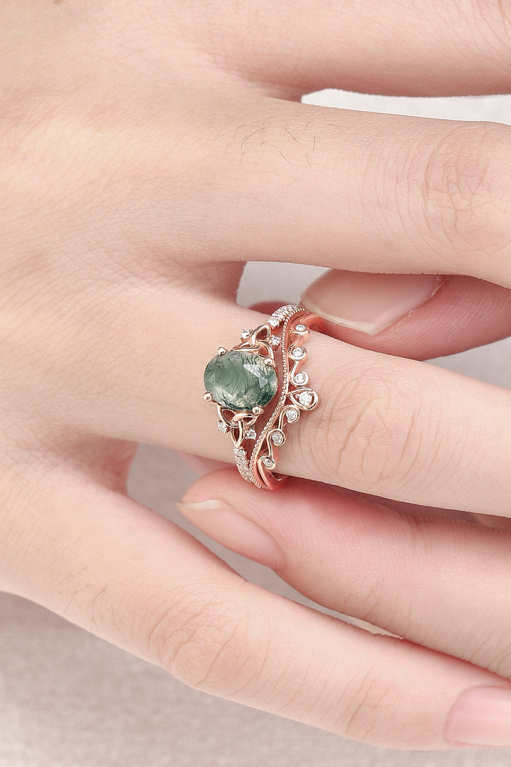 Nature Inspired Oval Cut Moss Agate Vine Twist Ring Set 2pcs