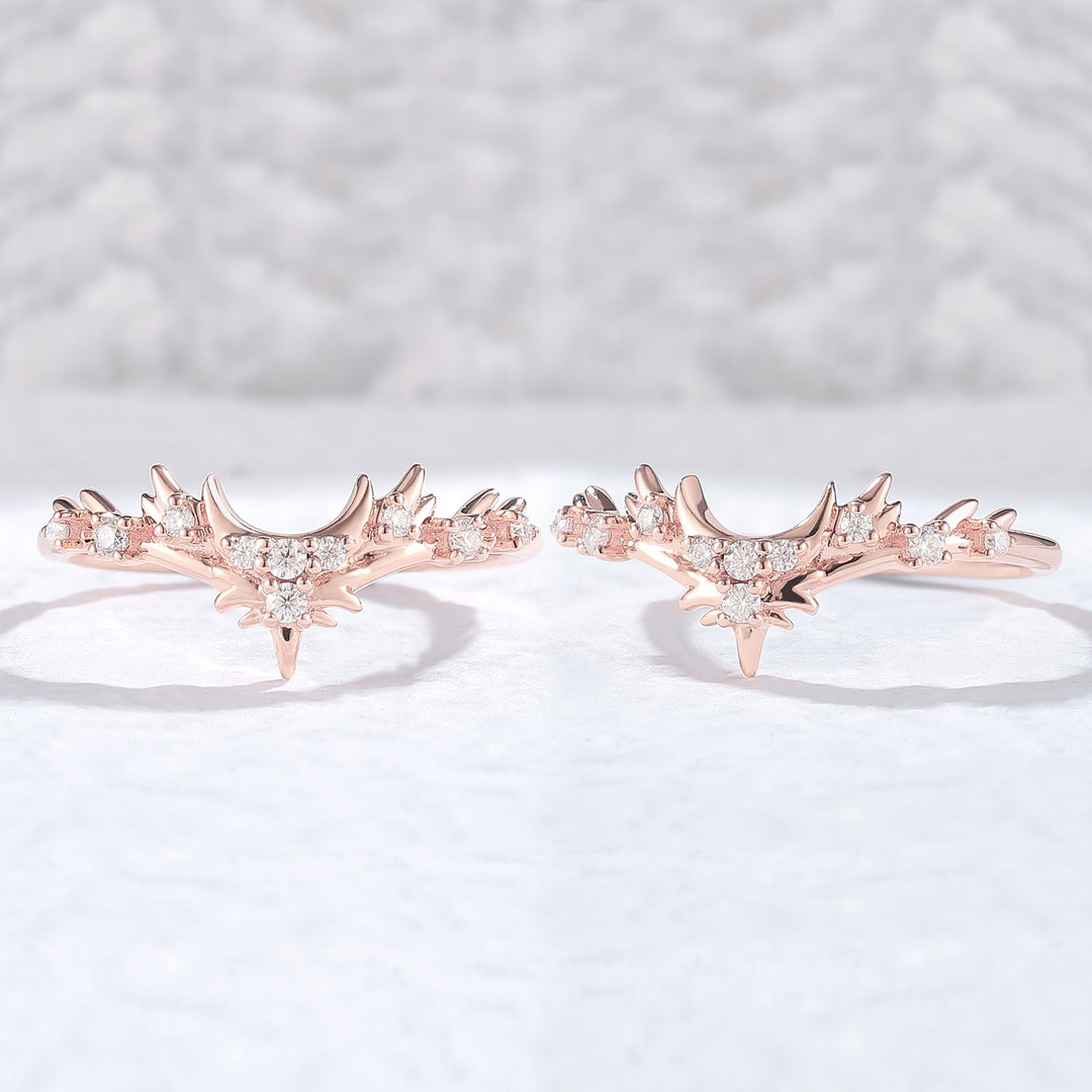 Unique Moissanite Antlers and Moon Style Silver Wedding Band - Iver Jewelry