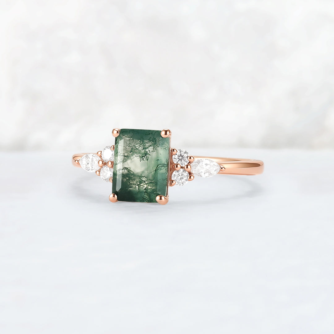 Cluster Emerald Cut Moss Agate Engagement Ring