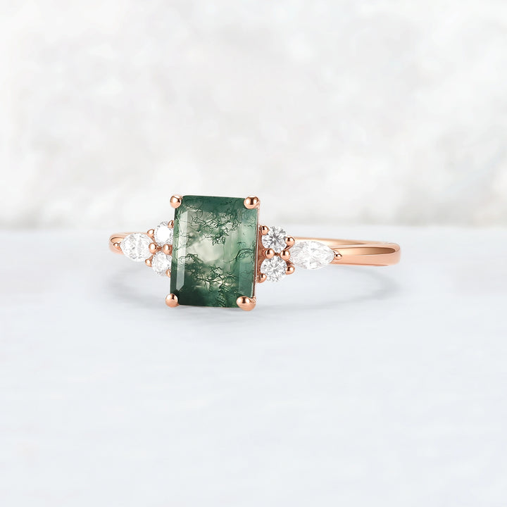 Cluster Emerald Cut Moss Agate Engagement Ring