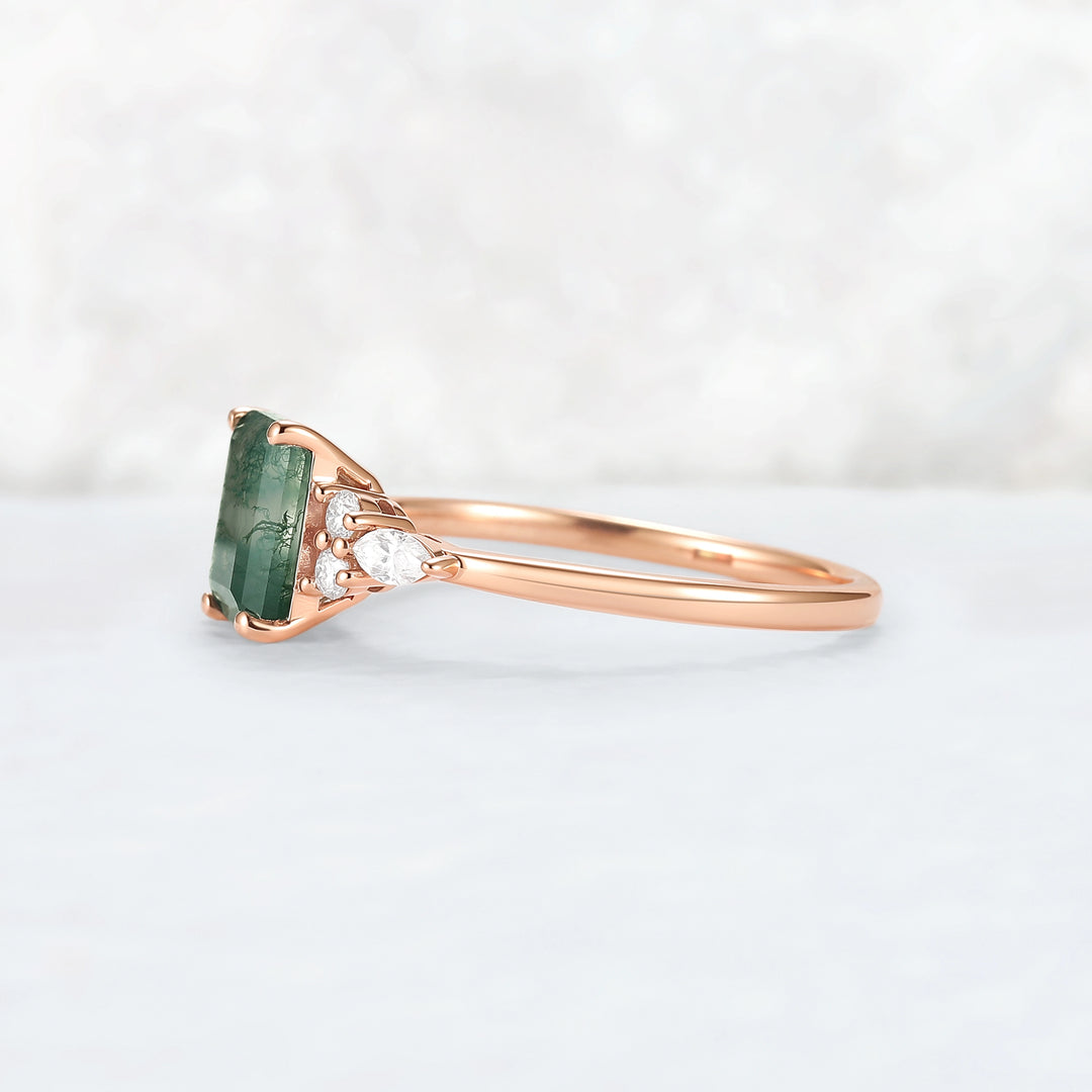 Cluster Emerald Cut Moss Agate Engagement Ring