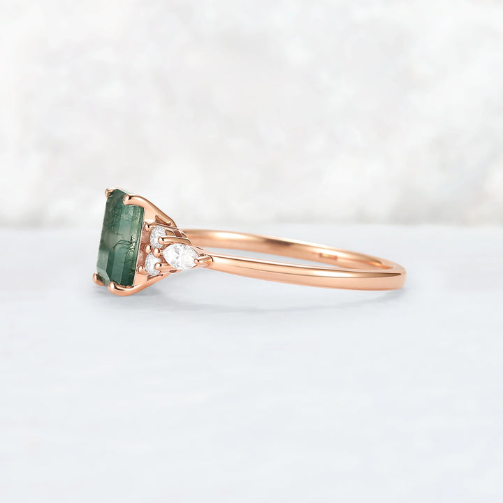 Cluster Emerald Cut Moss Agate Engagement Ring