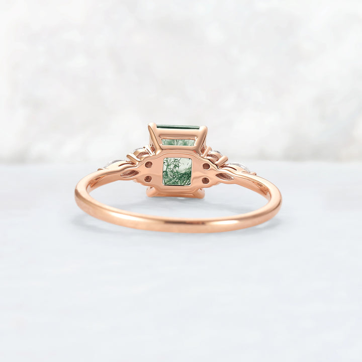 Cluster Emerald Cut Moss Agate Engagement Ring
