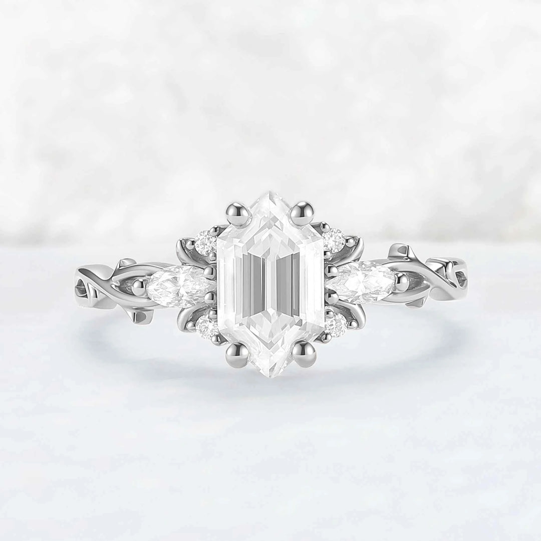 Unique Hexagon Cut Moissanite Vine Gemstone Ring Set 2pcs