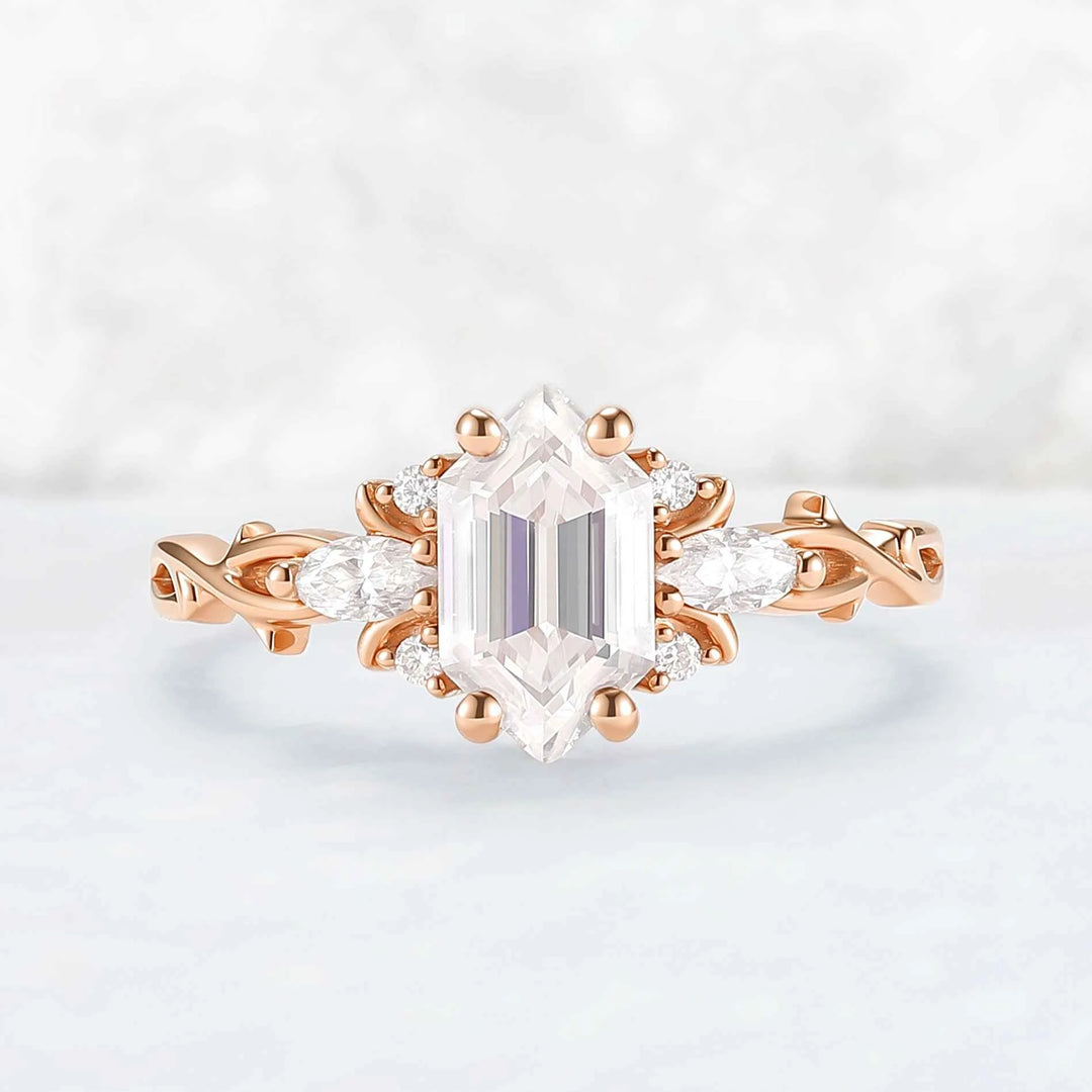 Unique Hexagon Cut Moissanite Vine Gemstone Ring Set 2pcs