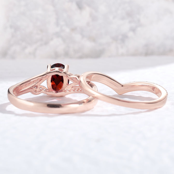 Vampire Legend Oval Shaped Garnet Vine Engagement Ring Set 2pcs