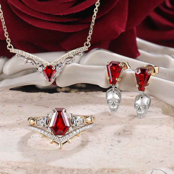 Skull & Skeleton Stud Coffin Cut Garnet Color-Coded Ring Set 2pcs