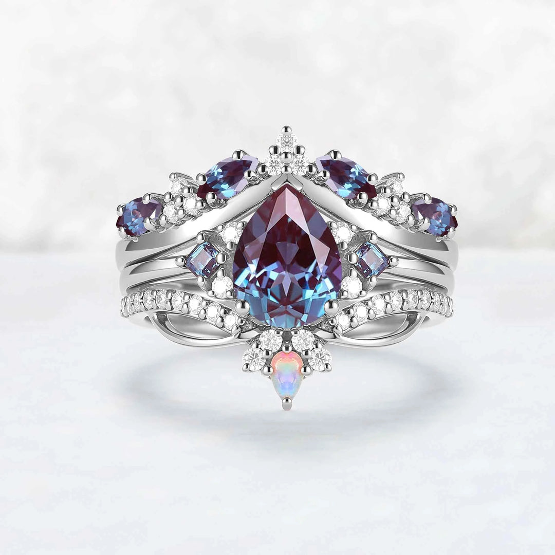 Princess Mononoke Pear Cut Alexandrite Cluster Gemstone Ring Set 3pcs