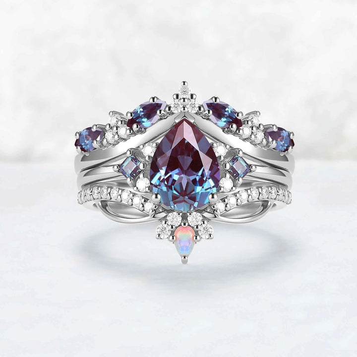 Princess Mononoke Pear Cut Alexandrite Cluster Gemstone Ring Set 3pcs