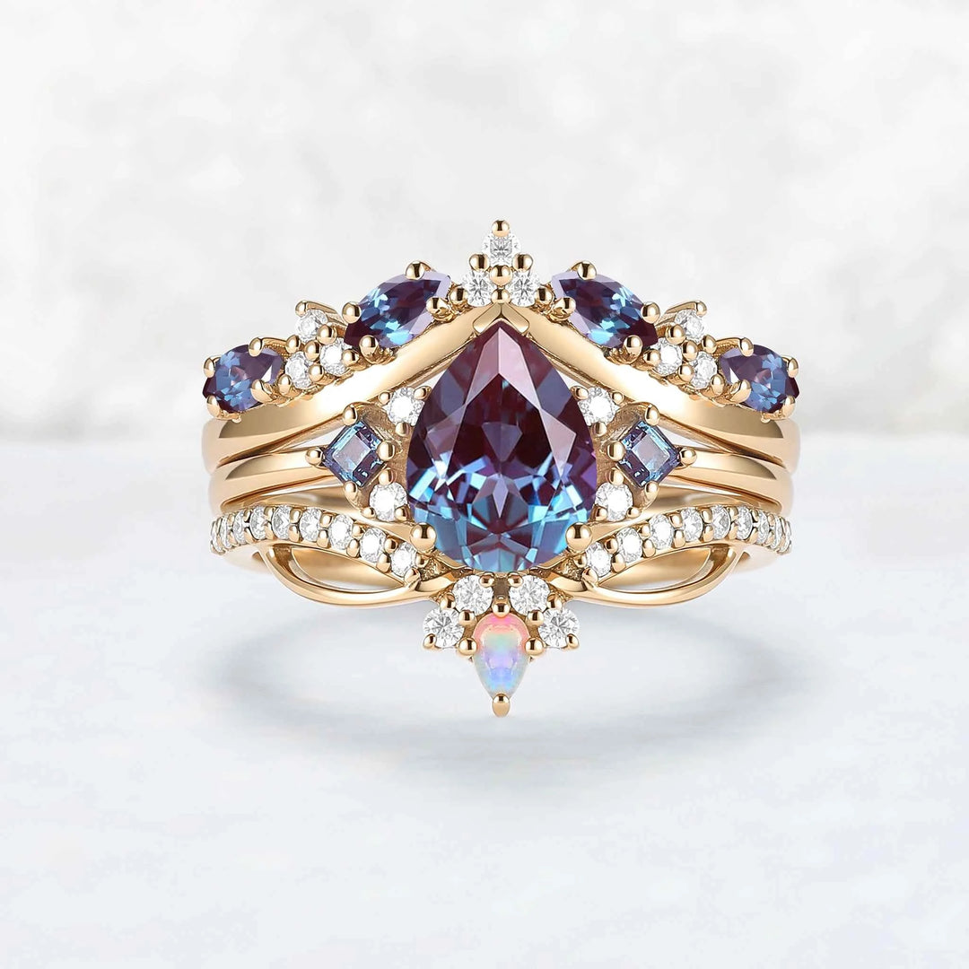 Princess Mononoke Pear Cut Alexandrite Cluster Gemstone Ring Set 3pcs