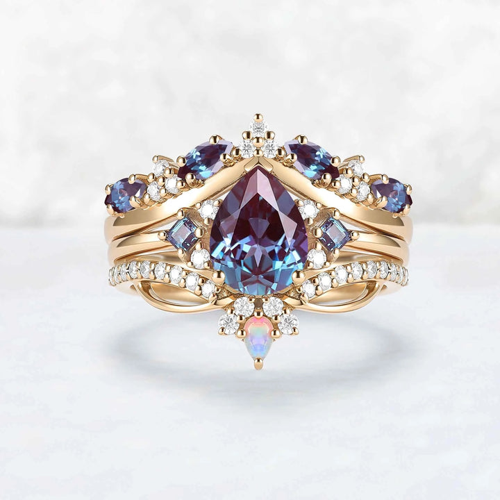 Princess Mononoke Pear Cut Alexandrite Cluster Gemstone Ring Set 3pcs