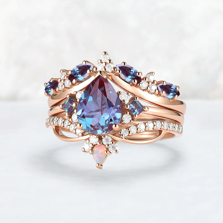 Princess Mononoke Pear Cut Alexandrite Cluster Gemstone Ring Set 3pcs