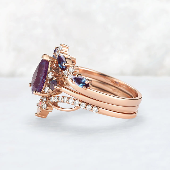 Princess Mononoke Pear Cut Alexandrite Cluster Gemstone Ring Set 3pcs
