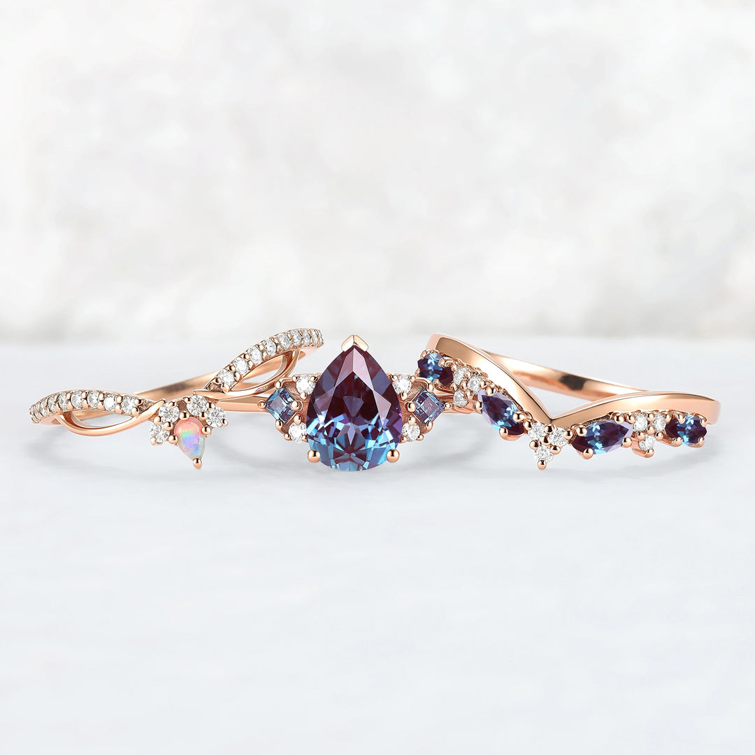 Princess Mononoke Pear Cut Alexandrite Cluster Gemstone Ring Set 3pcs