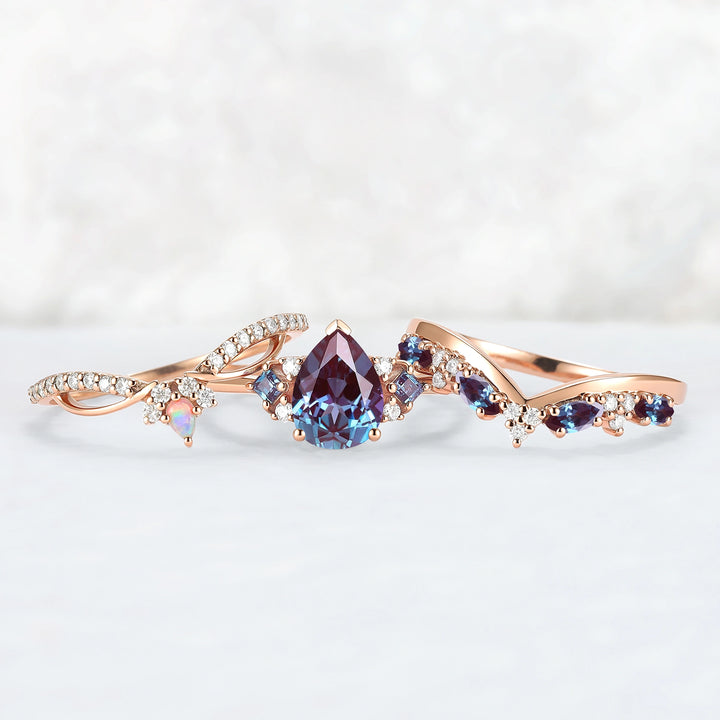 Princess Mononoke Pear Cut Alexandrite Cluster Gemstone Ring Set 3pcs