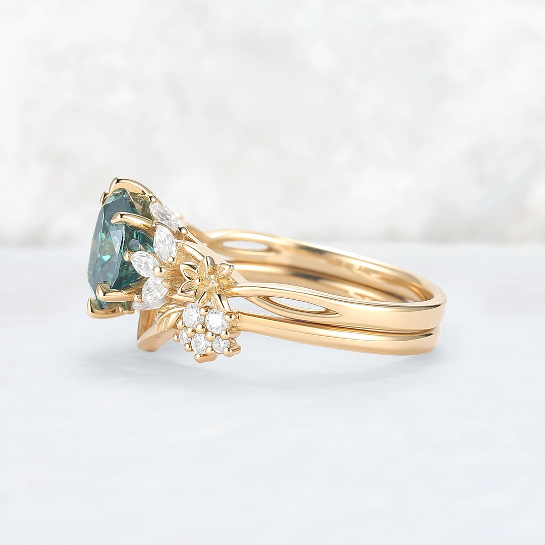 Nature Inspired Oval Cut Green Moissanite Leafy Engagement Ring Set 2pcs